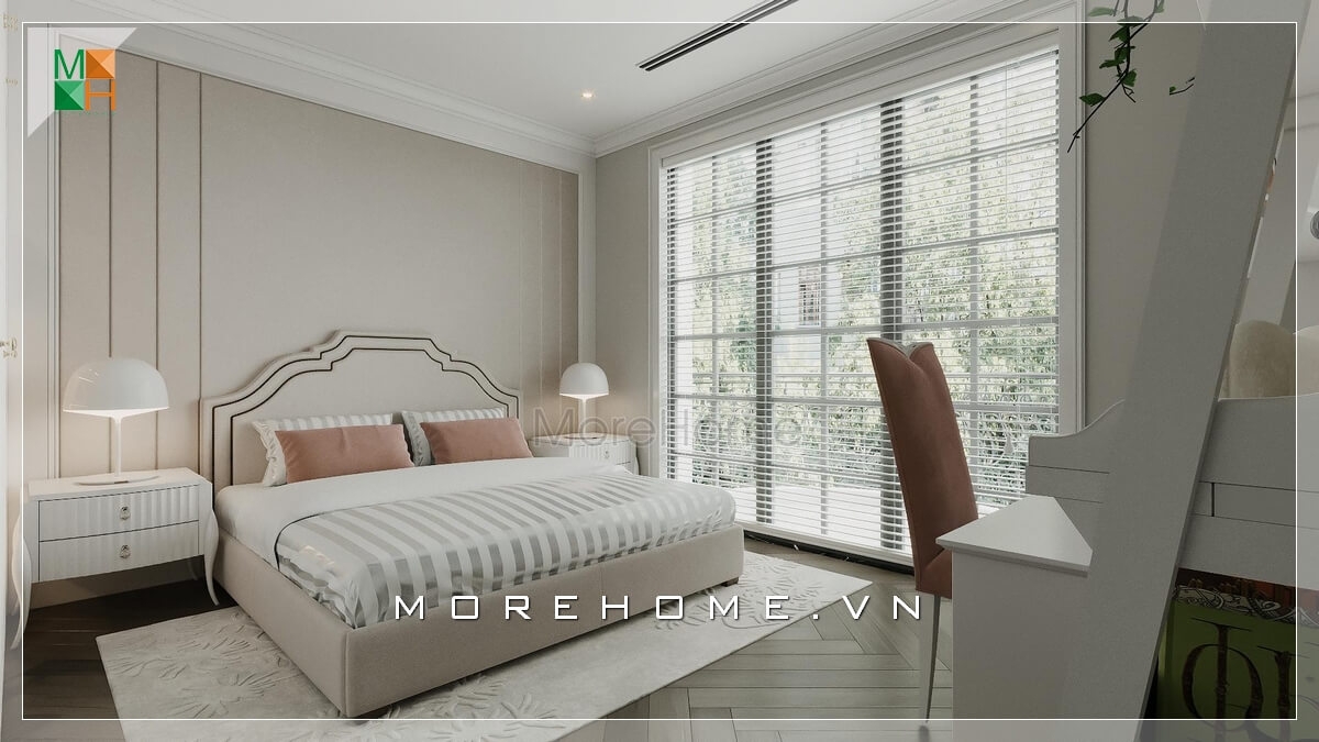 Sắc trắng tinh tế và lối thiết kế độc đáo của phòng ngủ biệt thự, nhà phố được nhiều gia chủ lựa chọn bởi sự nhẹ nhàng, trẻ trung và tinh tế. Thiết kế phòng ngủ biệt thự